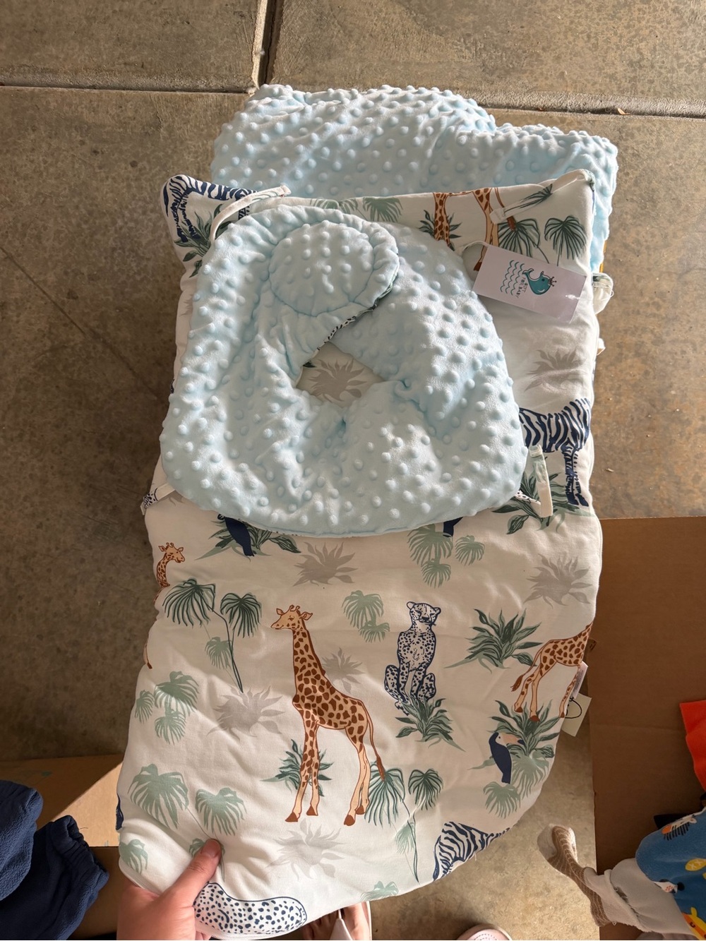 Plush Light Blue Minky Baby Sleeping Bag with Safari Print